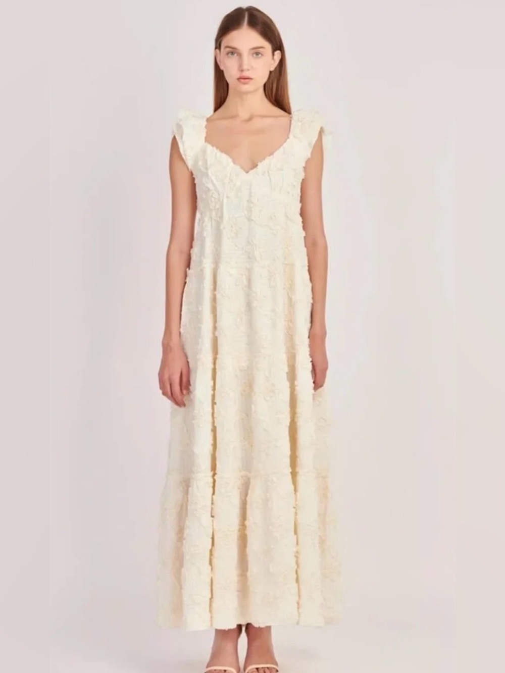 NWT English Factory Ivory Ribbon Embroidered Tiered Maxi Dress Women’s size Medi